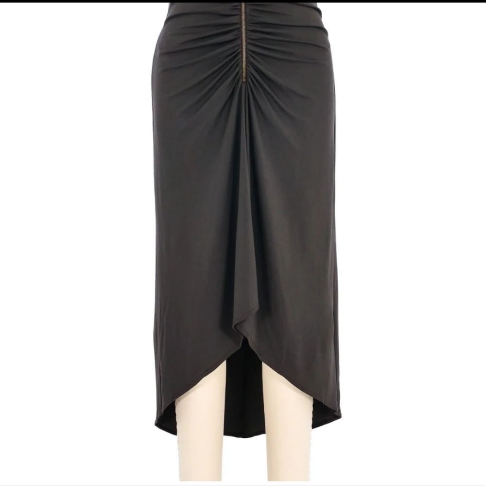 Celine Sable/Gray Ruched Deep V/ Zip Front Dress, Sz 40 - Picture 7 of 16
